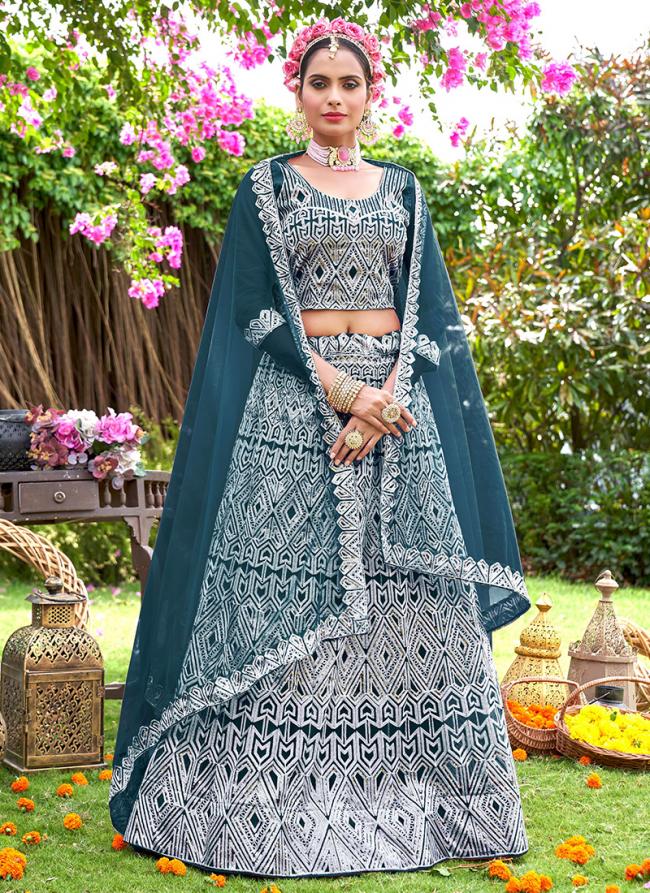 Net Sea Blue Wedding Wear Embroidery Work Lehenga Choli